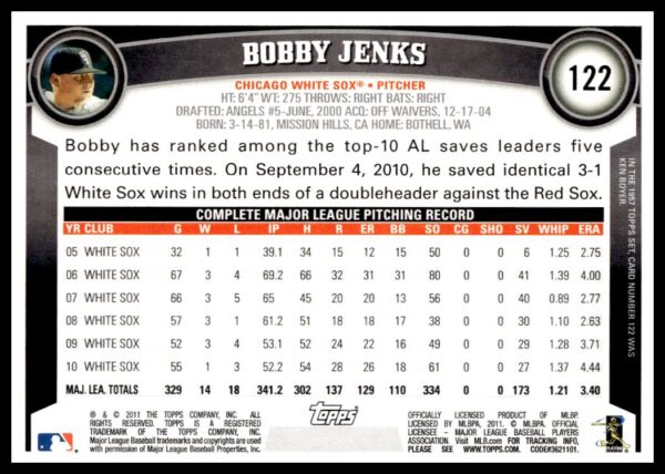 2011 Topps Bobby Jenks #122 (Back)