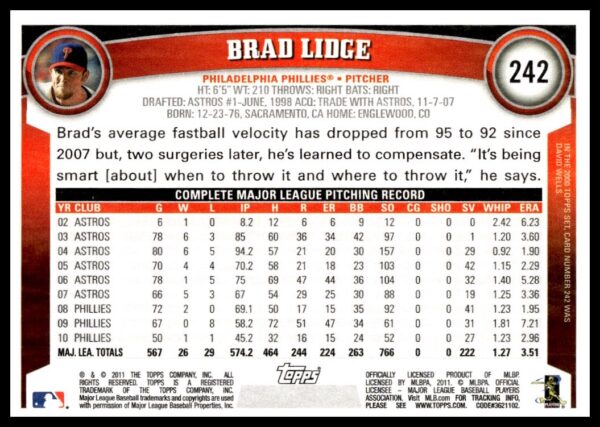 2011 Topps Brad Lidge #242 (Back)