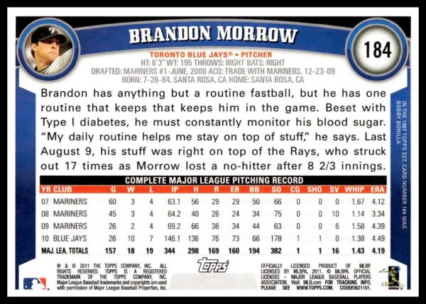 2011 Topps Brandon Morrow #184 (Back)