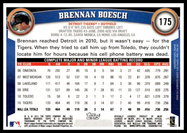 2011 Topps Brennan Boesch #175 (Back)