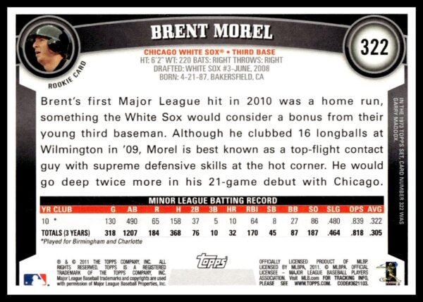 2011 Topps Brent Morel #322 (Back)