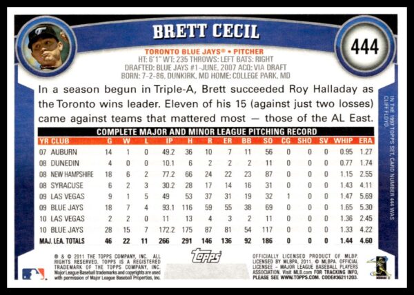 2011 Topps Brett Cecil #444 (Back)