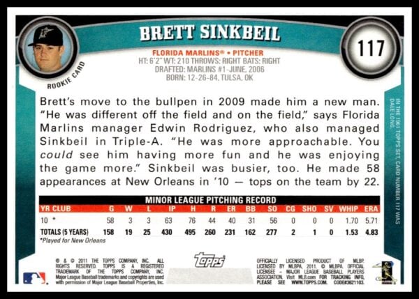 2011 Topps Brett Sinkbeil #117 (Back)