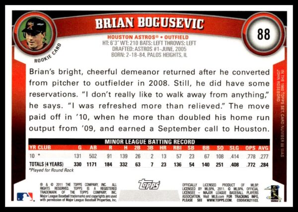 2011 Topps Brian Bogusevic #88 (Back)