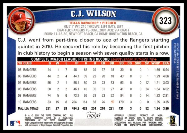 2011 Topps C.J. Wilson #323 (Back)