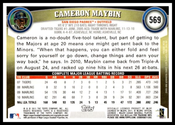 2011 Topps Cameron Maybin #569 (Back)