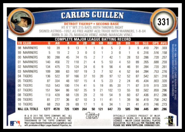 2011 Topps Carlos Guillen #331 (Back)