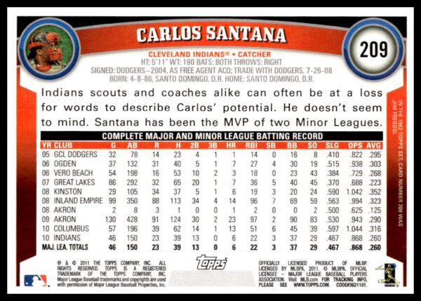 2011 Topps Carlos Santana #209 (Back)