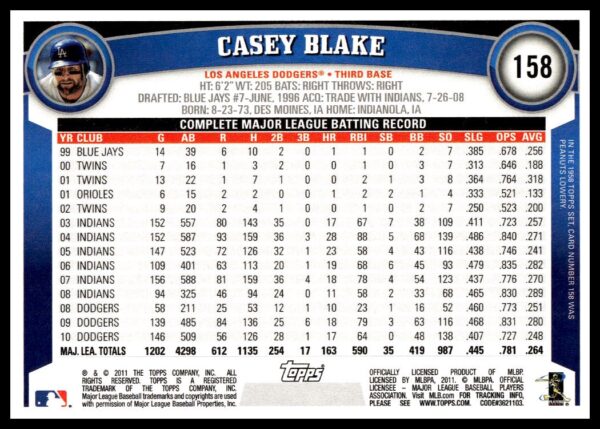 2011 Topps Casey Blake #158 (Back)