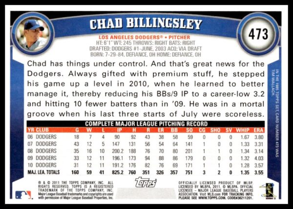 2011 Topps Chad Billingsley #473 (Back)