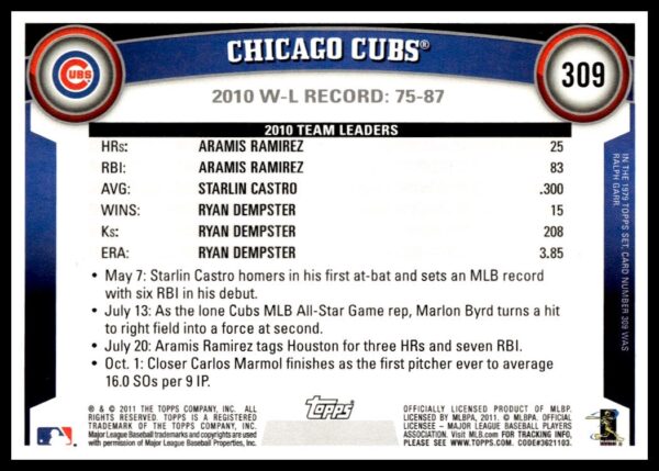 2011 Topps Chicago Cubs #309 (Back)