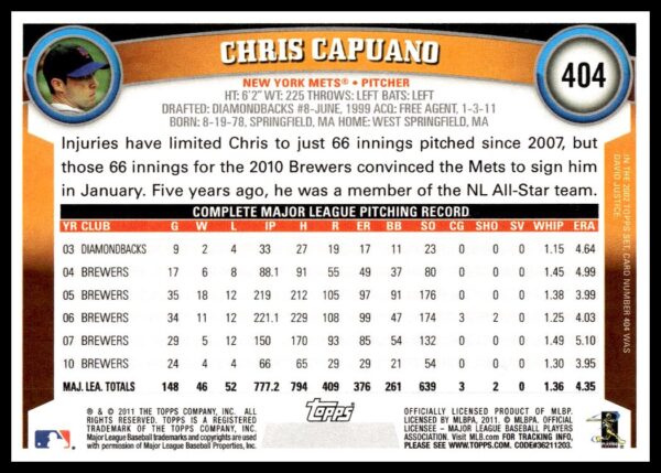 2011 Topps Chris Capuano #404 (Back)