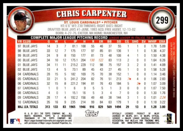 2011 Topps Chris Carpenter #299 (Back)