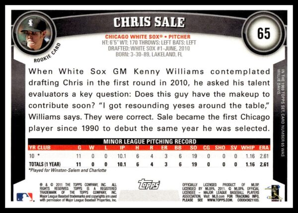 2011 Topps Chris Sale #65 (Back)