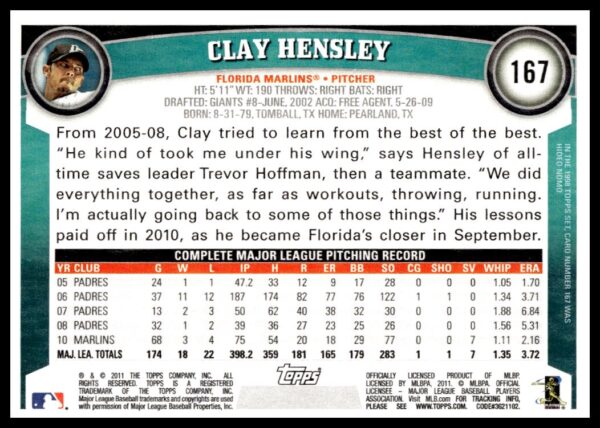 2011 Topps Clay Hensley #167 (Back)