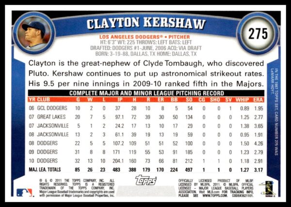 2011 Topps Clayton Kershaw #275 (Back)