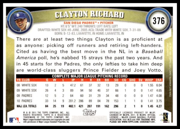 2011 Topps Clayton Richard #376 (Back)