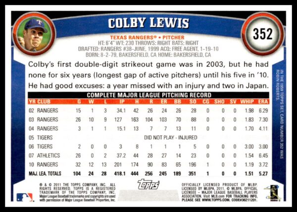 2011 Topps Colby Lewis #352 (Back)