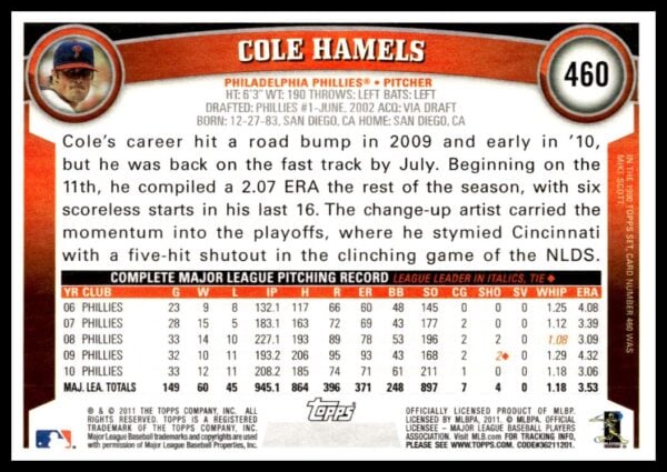 2011 Topps Cole Hamels #460 (Back)