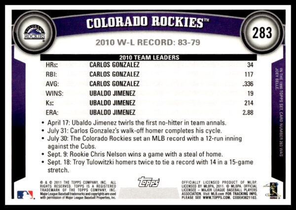 2011 Topps Colorado Rockies #283 (Back)