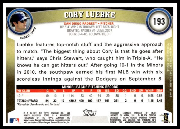 2011 Topps Cory Luebke #193 (Back)