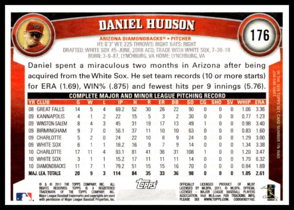 2011 Topps Daniel Hudson #176 (Back)