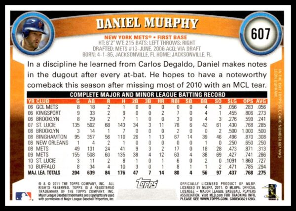 2011 Topps Daniel Murphy #607 (Back)