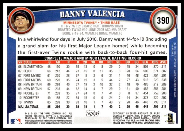 2011 Topps Danny Valencia #390 (Back)