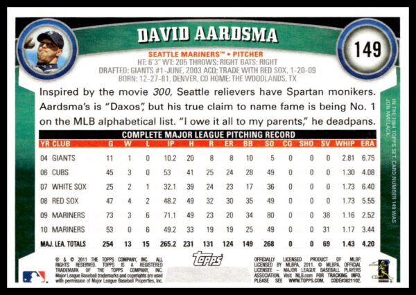 2011 Topps David Aardsma #149 (Back)