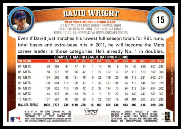 2011 Topps David Wright #15 (Back)