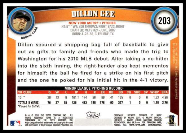 2011 Topps Dillon Gee #203 (Back)