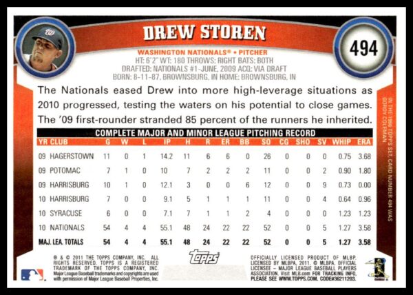 2011 Topps Drew Storen #494 (Back)