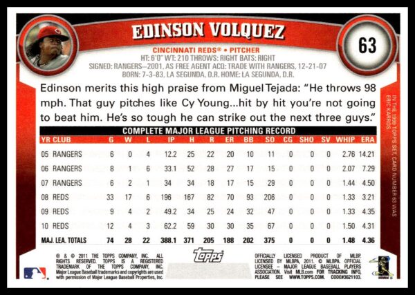 2011 Topps Edinson Volquez #63 (Back)