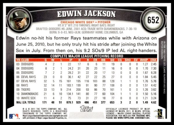 2011 Topps Edwin Jackson #652 (Back)