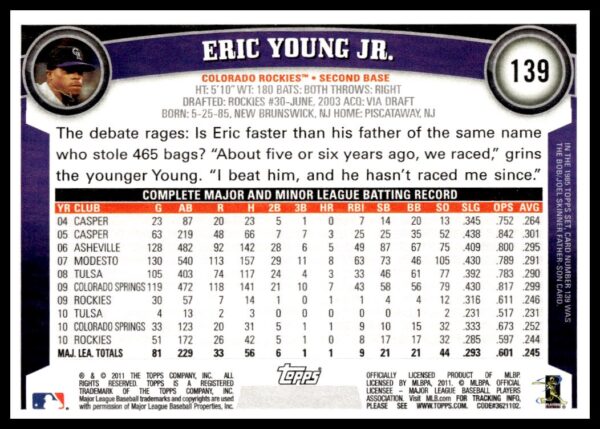 2011 Topps Eric Young Jr. #139 (Back)