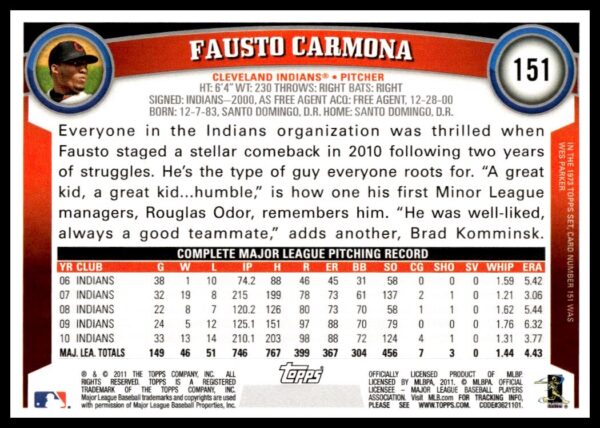 2011 Topps Fausto Carmona #151 (Back)