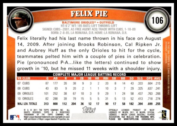 2011 Topps Felix Pie #106 (Back)