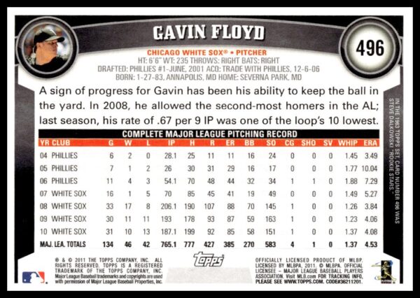 2011 Topps Gavin Floyd #496 (Back)