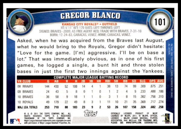 2011 Topps Gregor Blanco #101 (Back)