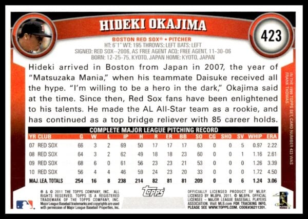 2011 Topps Hideki Okajima #423 (Back)