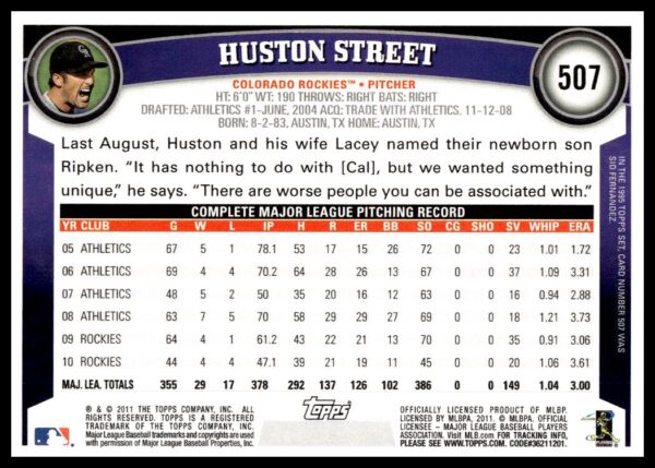 2011 Topps Huston Street #507 (Back)