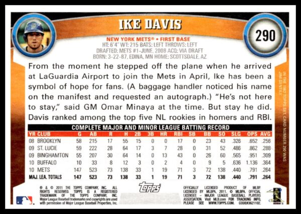 2011 Topps Ike Davis #290 (Back)