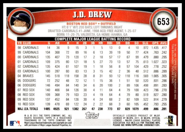 2011 Topps J.D. Drew #653 (Back)