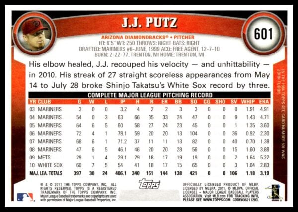 2011 Topps J.J. Putz #601 (Back)