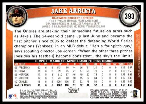 2011 Topps Jake Arrieta #393 (Back)