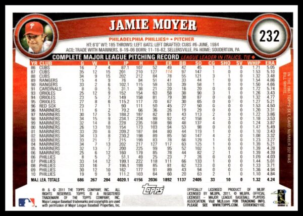 2011 Topps Jamie Moyer #232 (Back)