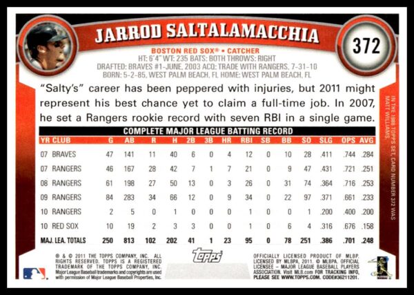 2011 Topps Jarrod Saltalamacchia #372 (Back)