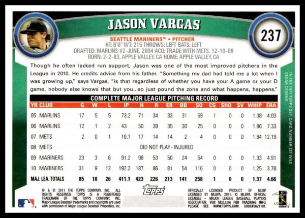 2011 Topps Jason Vargas #237 (Back)