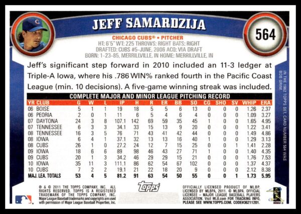 2011 Topps Jeff Samardzija #564 (Back)