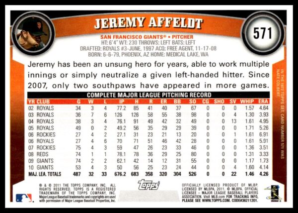 2011 Topps Jeremy Affeldt #571 (Back)